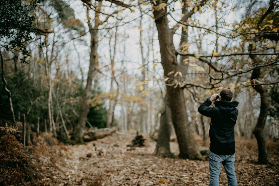 A birdwatcher looking at birds in a tree with binoculars.