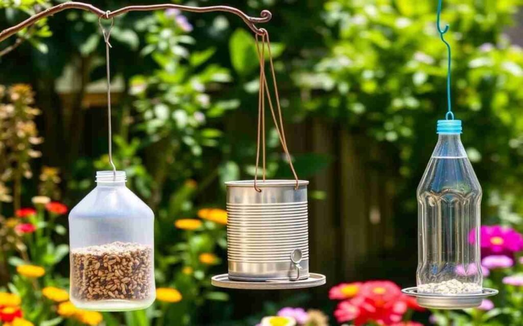 A backyard with a milk jug feeder, a tin can feeder, and a water bottle feeder.