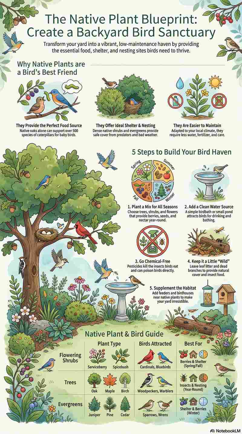 Infographic showing native plants that provide food, shelter, and nesting support for birds