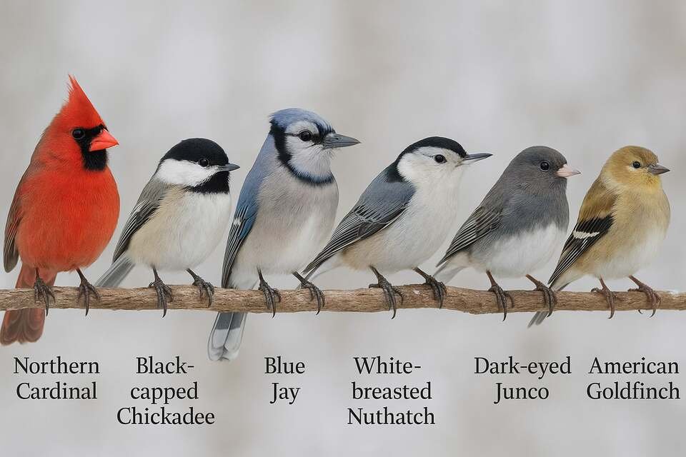 Winter backyard bird infographic featuring six common species.