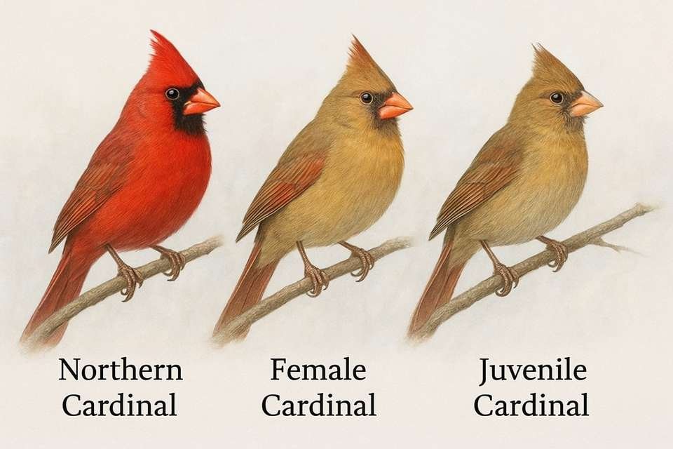 Illustration showing the differences between a male Northern Cardinal, a female Northern Cardinal, and a juvenile cardinal, each labeled clearly.