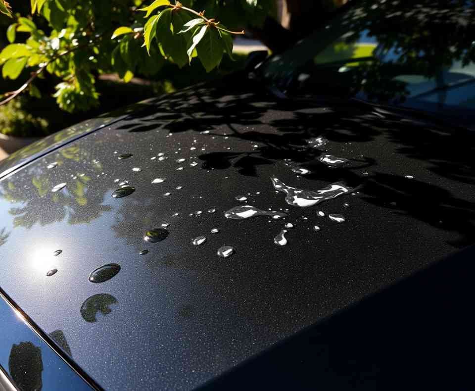 A black car parked under a tree with bird droppings on the hood.