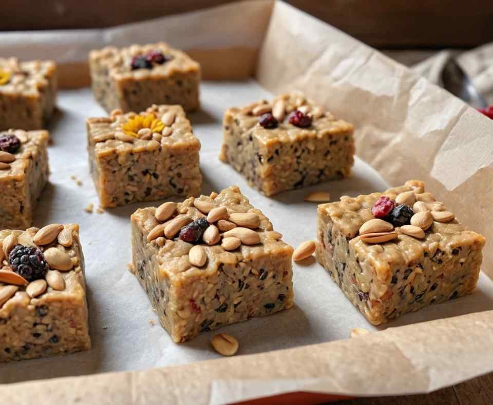 Homemade bird suet cakes cooling in shallow square molds lined with parchment paper.