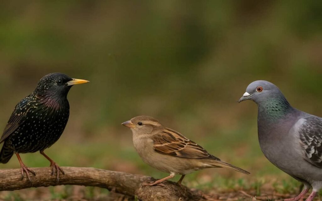 Invasive bird species in a backyard: House Sparrow, European Starling, and Rock Pigeon close-up.