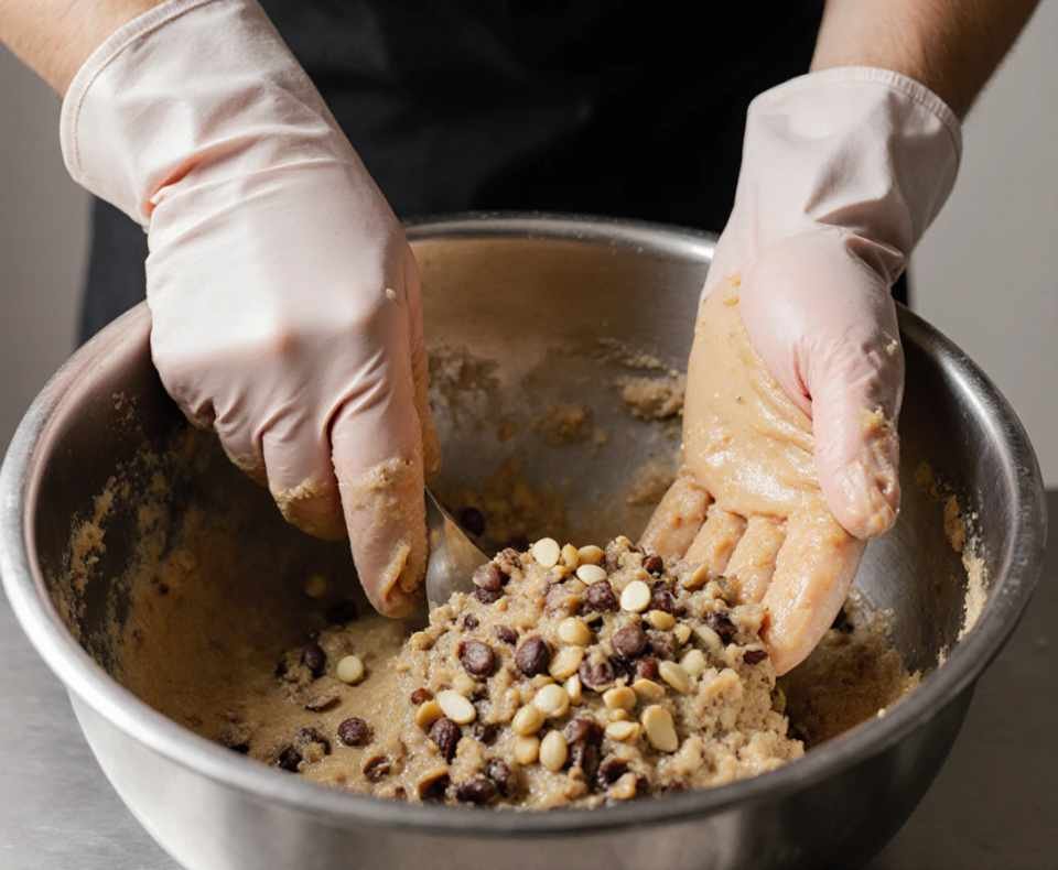 A person mixing melted suet with birdseed in a large stainless steel bowl.