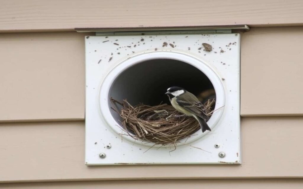 Bird nest with eggs inside a laundry vent, blocking airflow.