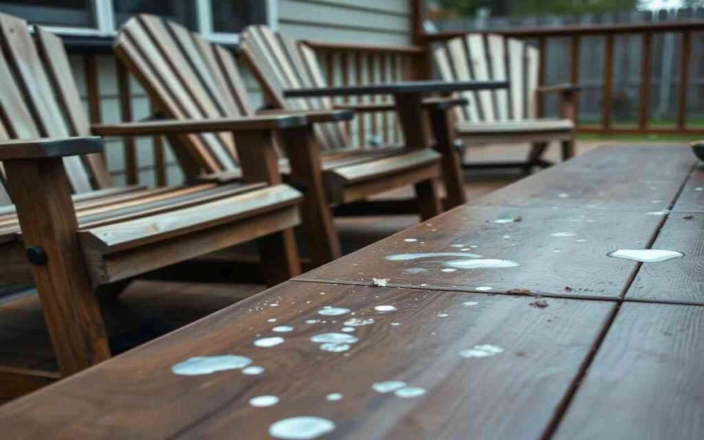 Bird droppings on a backyard deck with wooden chairs and table