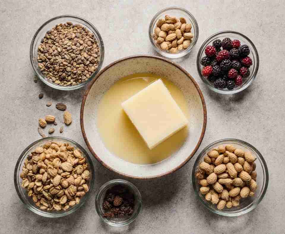 Suet cake ingredients on a kitchen counter: beef fat in a bowl, birdseed mix, peanuts, sunflower seeds, and dried berries neatly arranged in small glass bowls.
