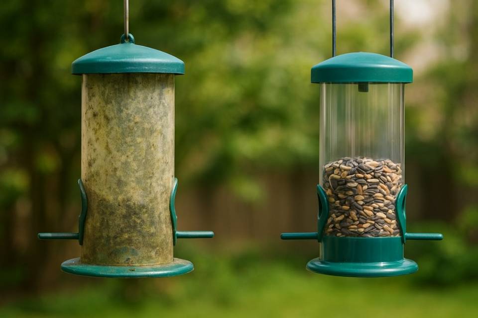 Dirty bird feeder next to a clean one showing why cleaning matters