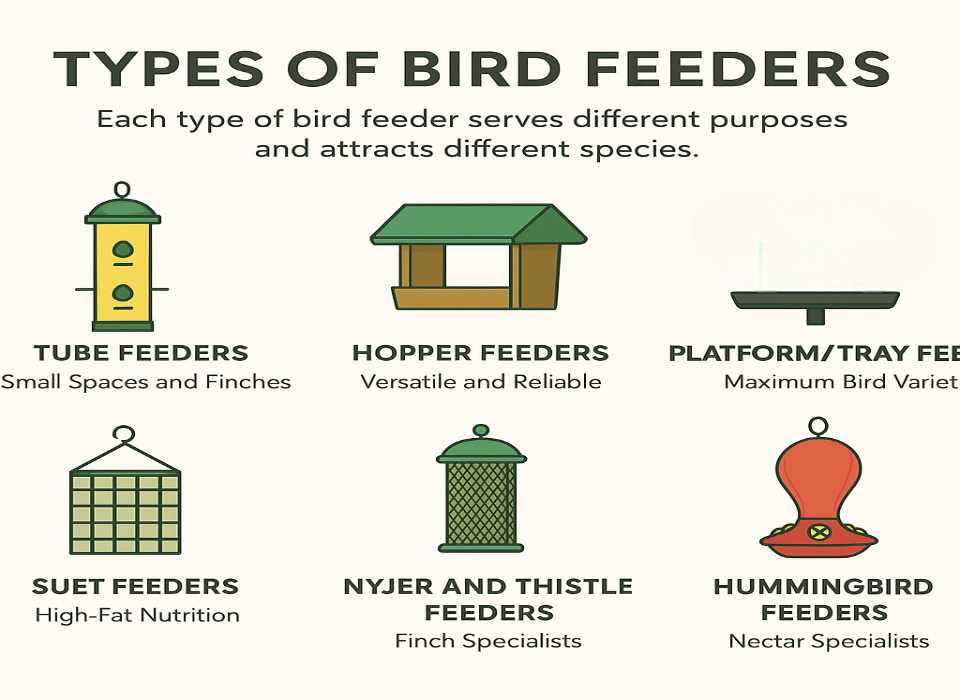 An infographic displaying all the different types of backyard bird feeders.
