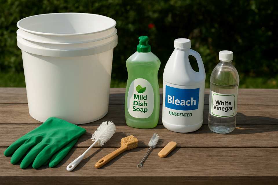 Bird feeder cleaning tools and supplies ready for use outdoors