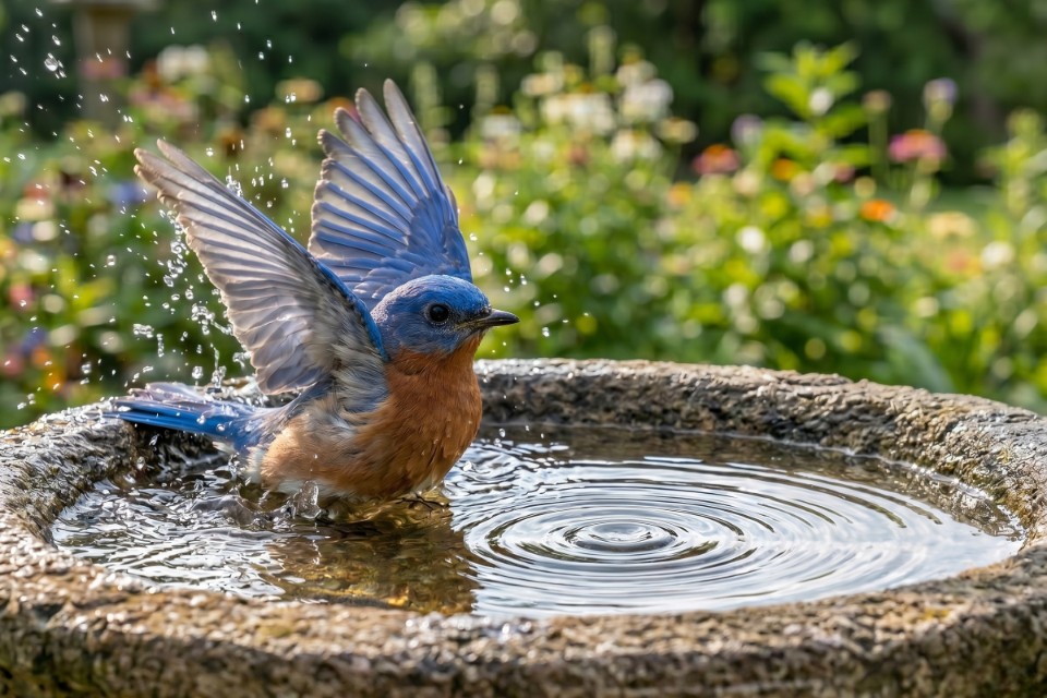 A male Eastern Bluebird vigorously bathing in a stone birdbath with concentric ripples created by a submerged water wiggler.