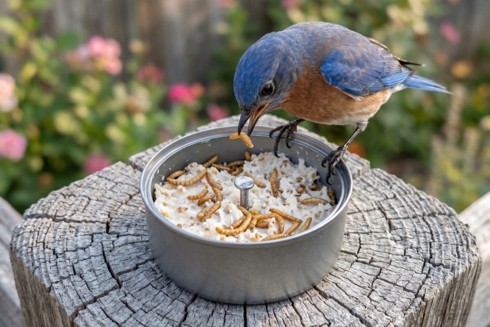 A top-down action shot of a male Eastern Bluebird feeding on mealworms and suet from a DIY tuna can feeder nailed to a post.