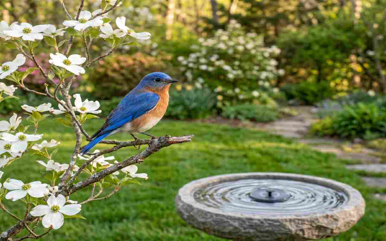 A male Eastern Bluebird perched on a flowering dogwood branch overlooking a rippling stone birdbath in a managed backyard habitat.
