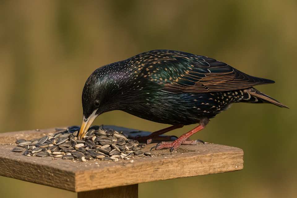 A European Starling feeding on sunflower seeds at a platform feeder.
