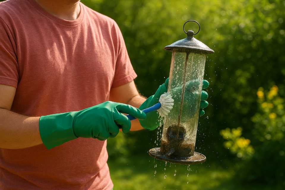Someone thoroughly cleaning a tube bird feeder.