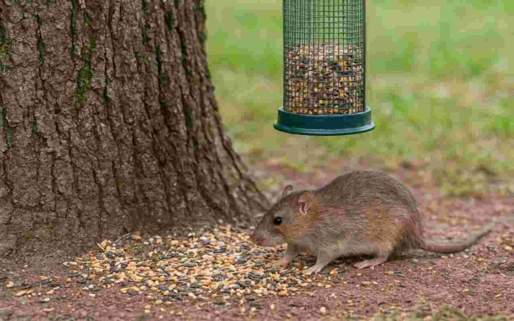 A rat foraging for bird seed under a backyard bird feeder.