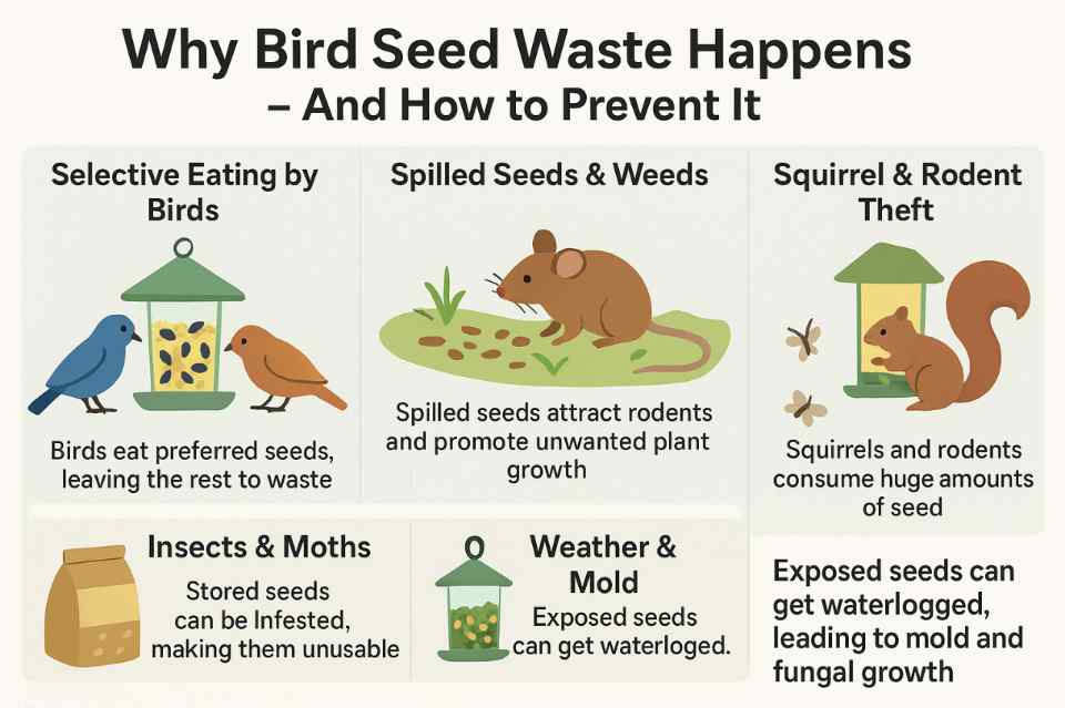 An infographic explaining, why bird seed waste happens?