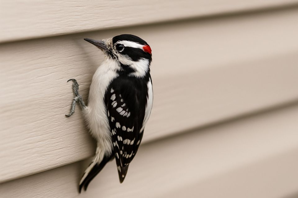 Downy Woodpecker pecking on a home’s exterior siding.