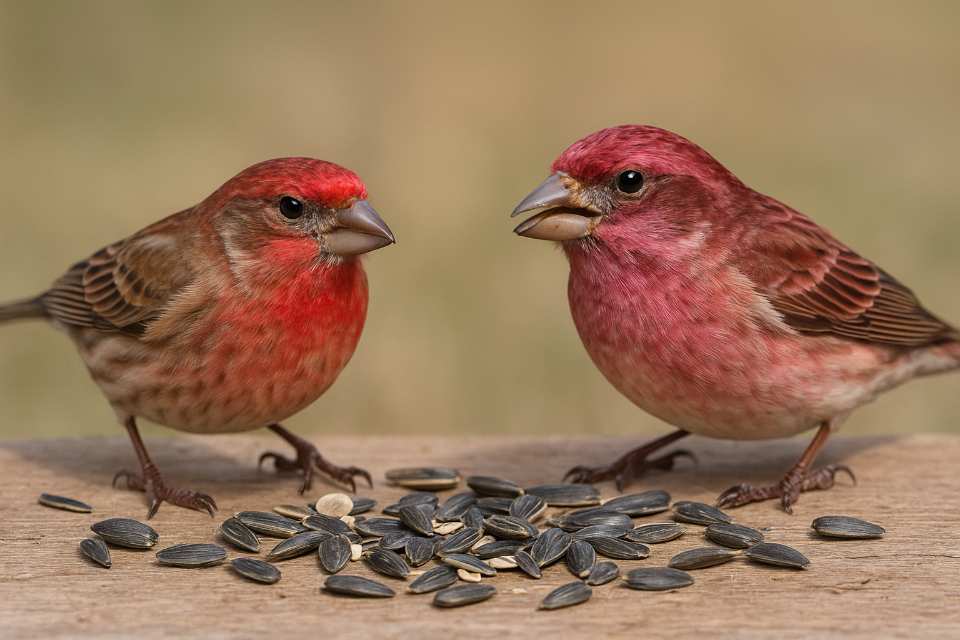 A House Finch and Purple Finch side-by-side eating sunflower seeds.