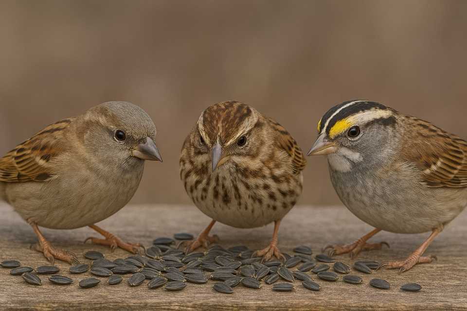 House, Song and White-throated Sparrows eating sunflower seeds.