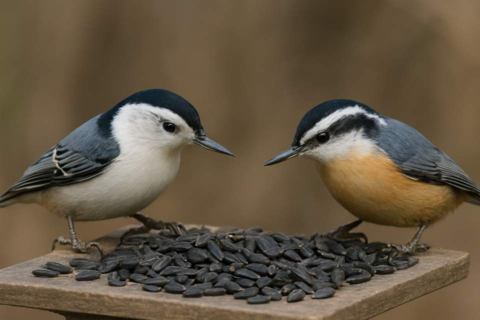 A White-breasted and a Red-breasted Nuthatch feeding on sunflower seeds side by side.