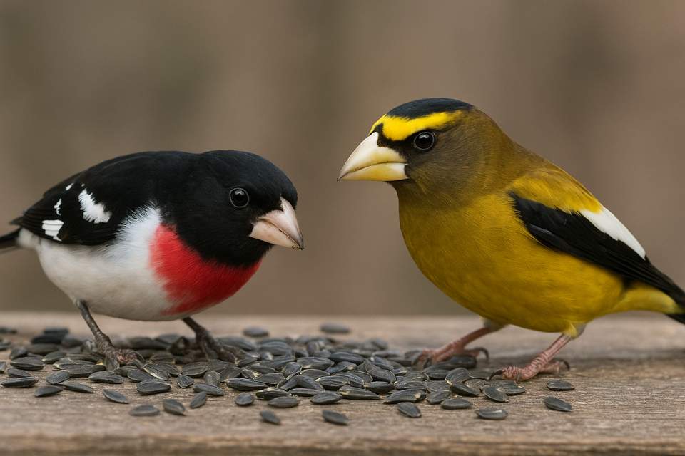 Rose-breasted and Evening Grosbeaks feeding on black sunflower seeds.