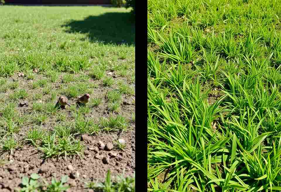 Side-by-side comparison of unprotected grass seed being eaten by house sparrows and topsoil-covered seed with sprouts, illustrating effective methods to keep birds away from grass seed.
