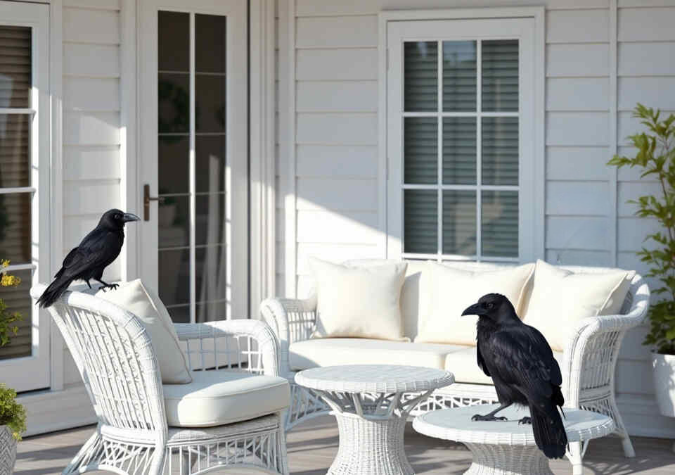 A pair of crows perched on white backyard patio furniture.