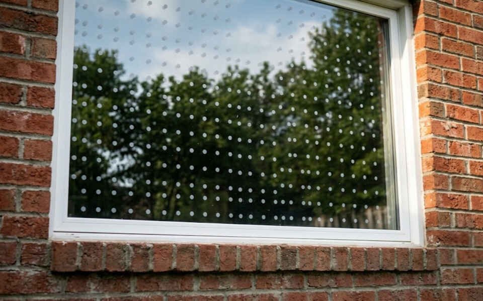 A clean residential house window fitted with a pattern of small white bird-safe collision prevention dots spaced along the glass surface.