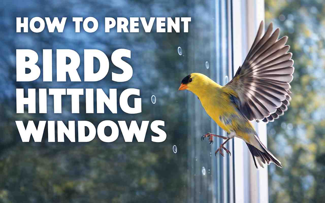 An American Goldfinch about to fly into a window.