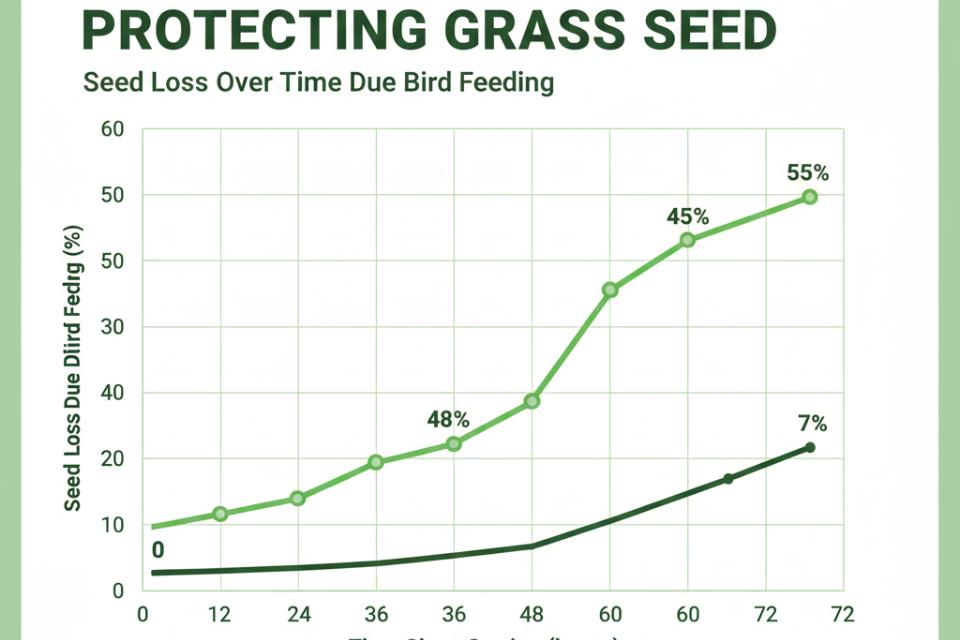 Line graph from a 3-year study showing 55% grass seed loss in 72 hours when unprotected, versus a 7% loss when covered by 1/8 inch of topsoil.