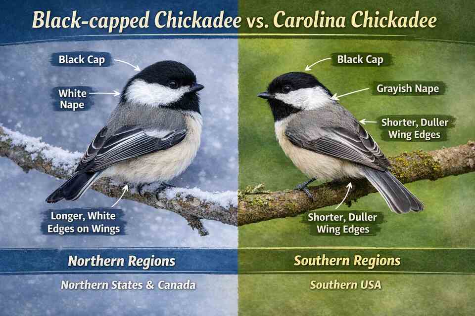 An infographic showing the Black-capped Chickadee and Carolina Chickadee comparison.