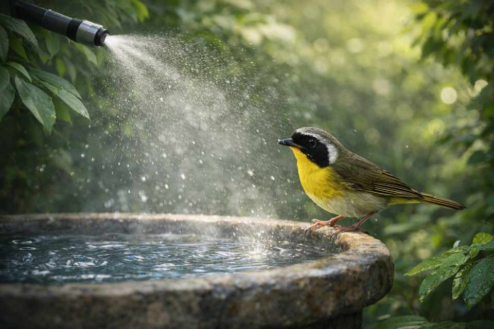 A vibrant Common Yellowthroat perched on the edge of a shaded stone birdbath, drinking water while fine mist sprays nearby, surrounded by lush green foliage.