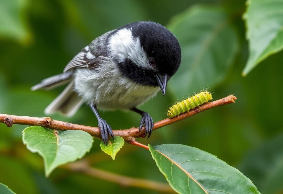 A black-capped chickadee perched on a tree branch, staring at a tiny green caterpillar crawling on a nearby branch.