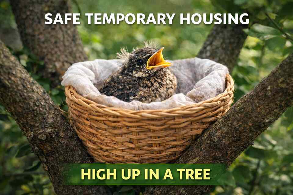 A small, chirping baby bird with fuzzy brown feathers sitting in a wicker basket lined with white cloth, which is securely placed high up in the forks of a tree branch.