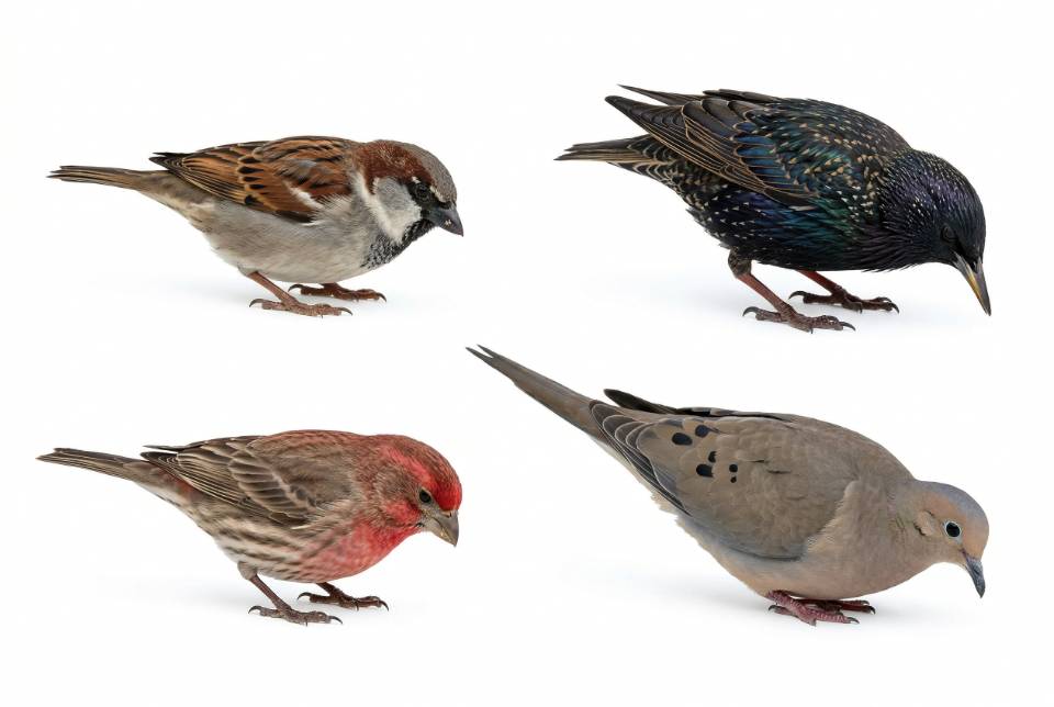 An identification guide showing the primary birds that eat grass seed, including the House Sparrow, House Finch, Mourning Dove, and European Starling. Visual generated via AI for educational clarity. Photo via Feathered Guru.