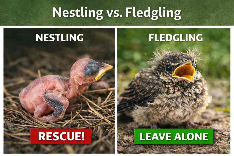 Side-by-side comparison of baby birds: left shows a pink, featherless nestling labeled 'RESCUE!' needing help, right shows a fuzzy, feathered fledgling labeled 'LEAVE ALONE' that should be left alone.
