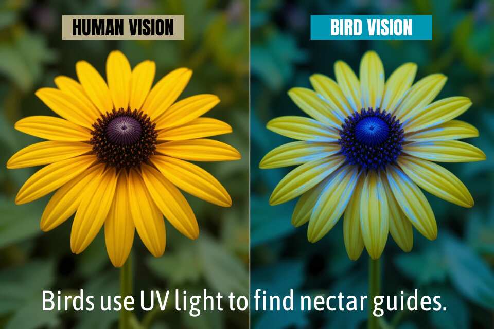 A split-screen photo of a Black-Eyed Susan flower, showing human vision on the left (yellow petals) and bird vision on the right, which highlights a bright UV bullseye pattern near the center.