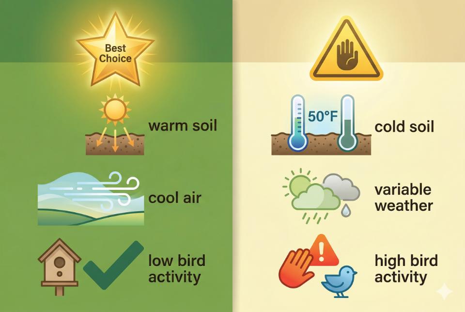 An infographic comparing early fall (Best Choice) with warm soil and low bird activity vs early spring (Use Caution) with 50°F cold soil and high bird activity. Visual generated via AI for educational clarity. Photo via Feathered Guru.