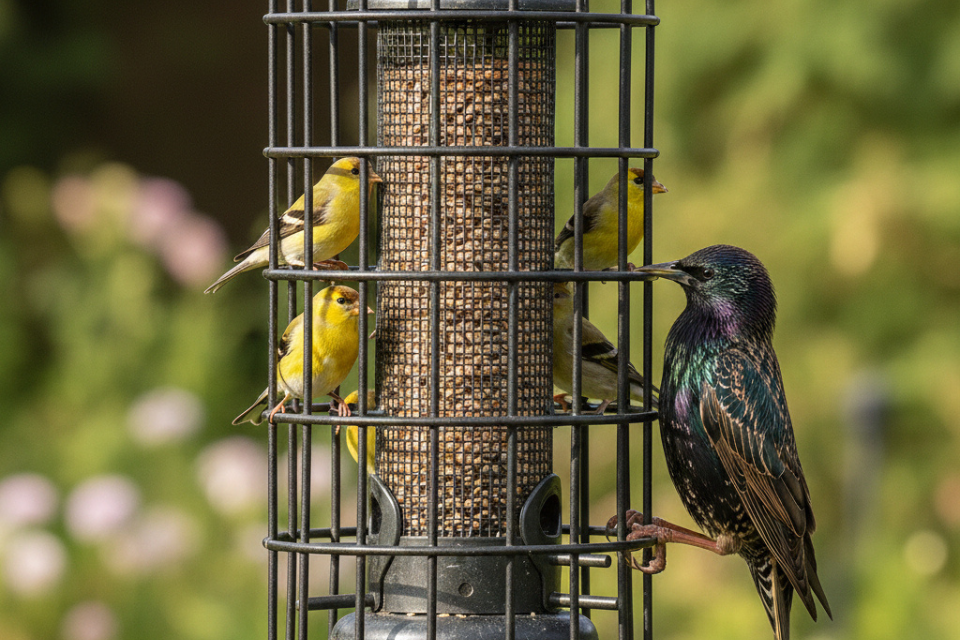 Close-up of a caged bird feeder showing how the narrow bar spacing allows small finches to enter while blocking larger birds.