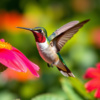 Ruby-throated hummingbird hovering near a garden flower.