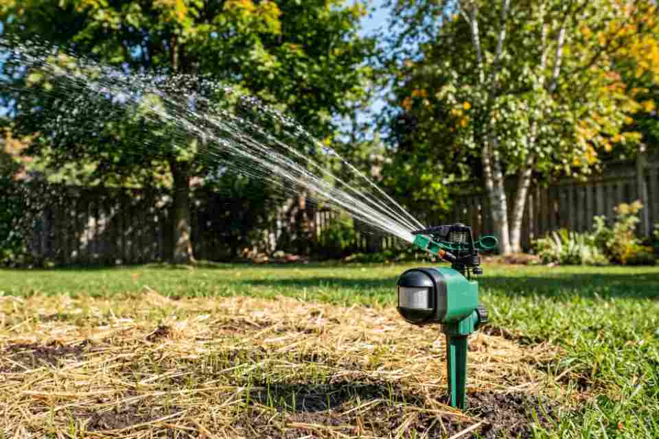 A motion-activated sprinkler with a visible infrared sensor spraying a burst of water over a straw-mulched lawn to deter birds. Visual generated via AI for educational clarity. Photo via Feathered Guru.