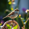 Small sparrow perched on a garden stone in morning light.