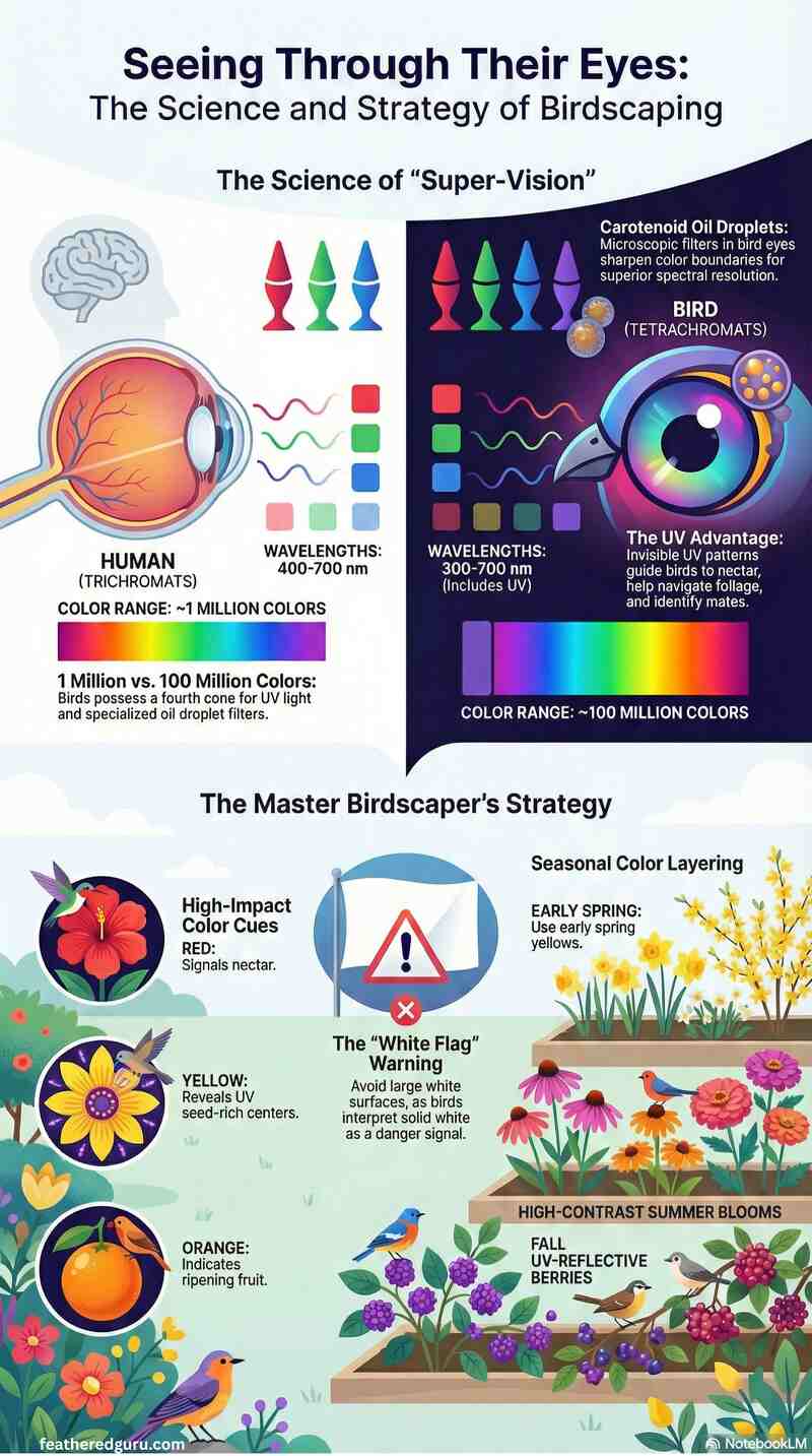 Infographic cheat sheet showing what colors attract birds like red for hummingbirds and blue for bluebirds