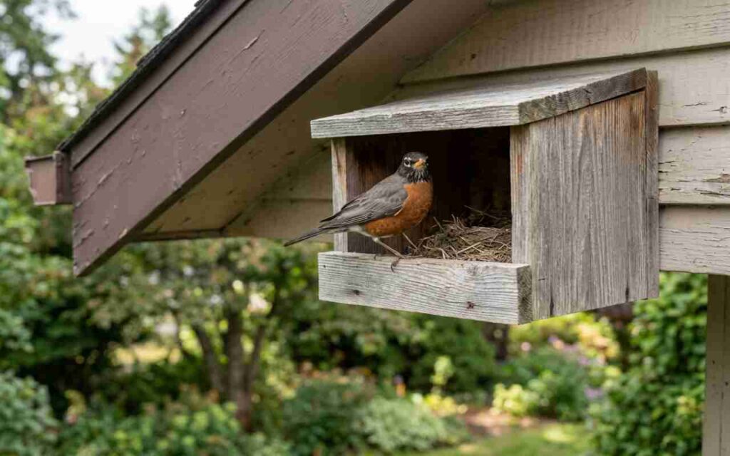 An American robin perched on a wooden nesting shelf with an open front mounted under a house eave.