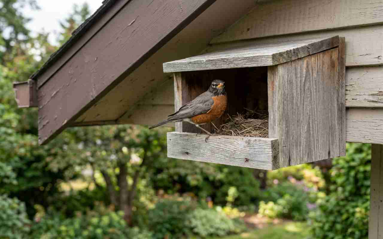 An American robin perched on a wooden nesting shelf with an open front mounted under a house eave.