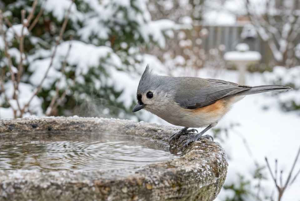 A biologically perfect Tufted Titmouse with a clean grey face and isolated black forehead patch at a steaming heated birdbath.