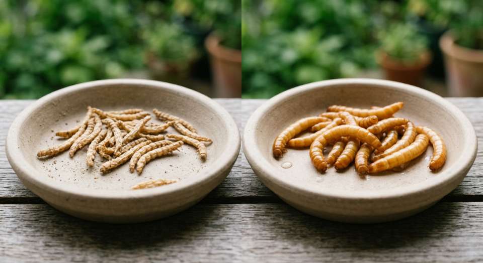 Comparison of brittle dry mealworms and plump, rehydrated mealworms in a shallow dish for feeding American robins.