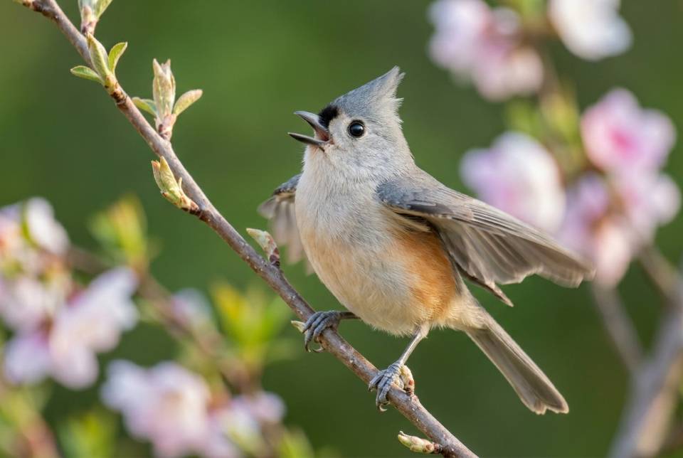 A female Tufted Titmouse perched on a blossom branch with wings quivering and beak open, a behavioral indicator used to elicit courtship feeding from a male.